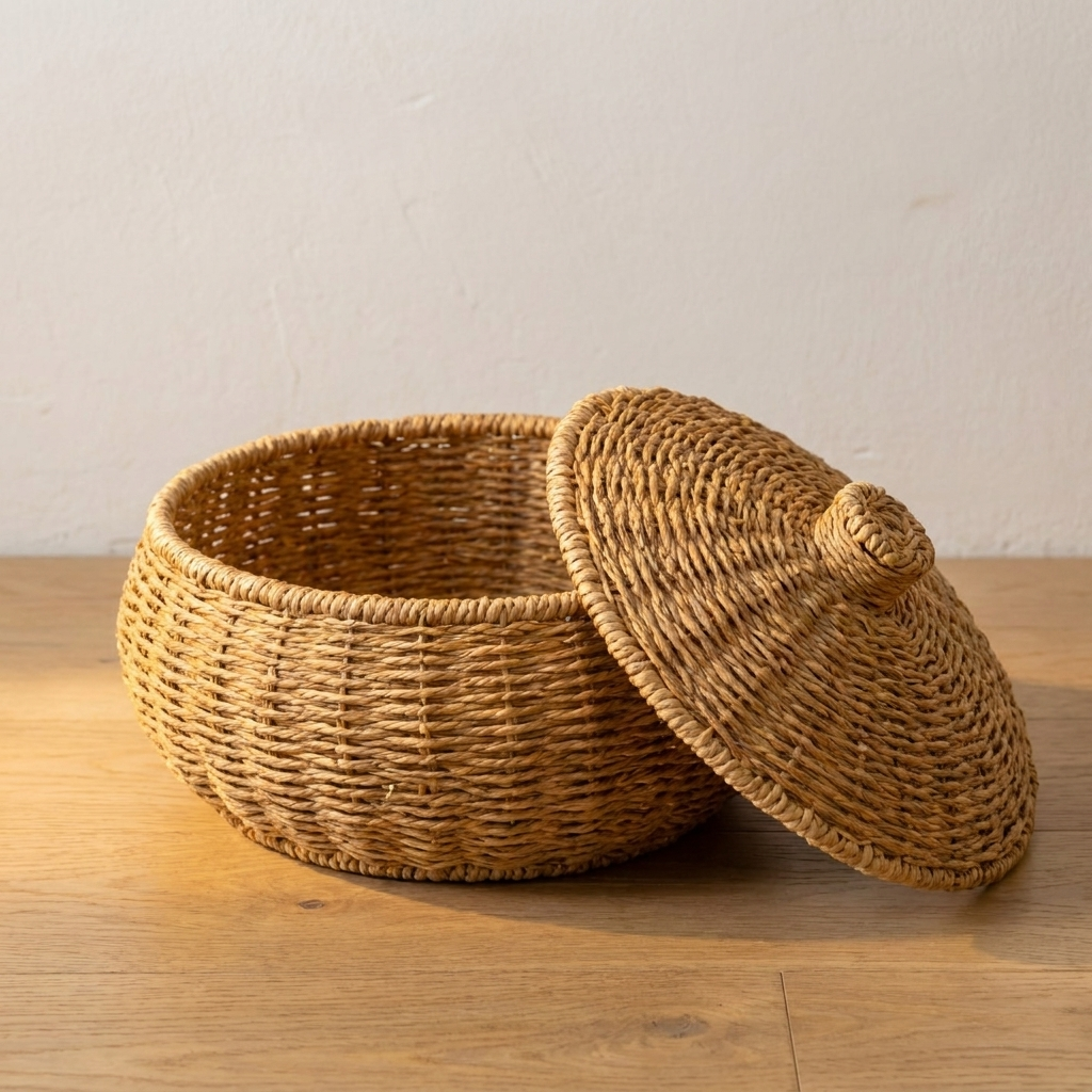 Hazel rattan basket close view showing the weave and rim