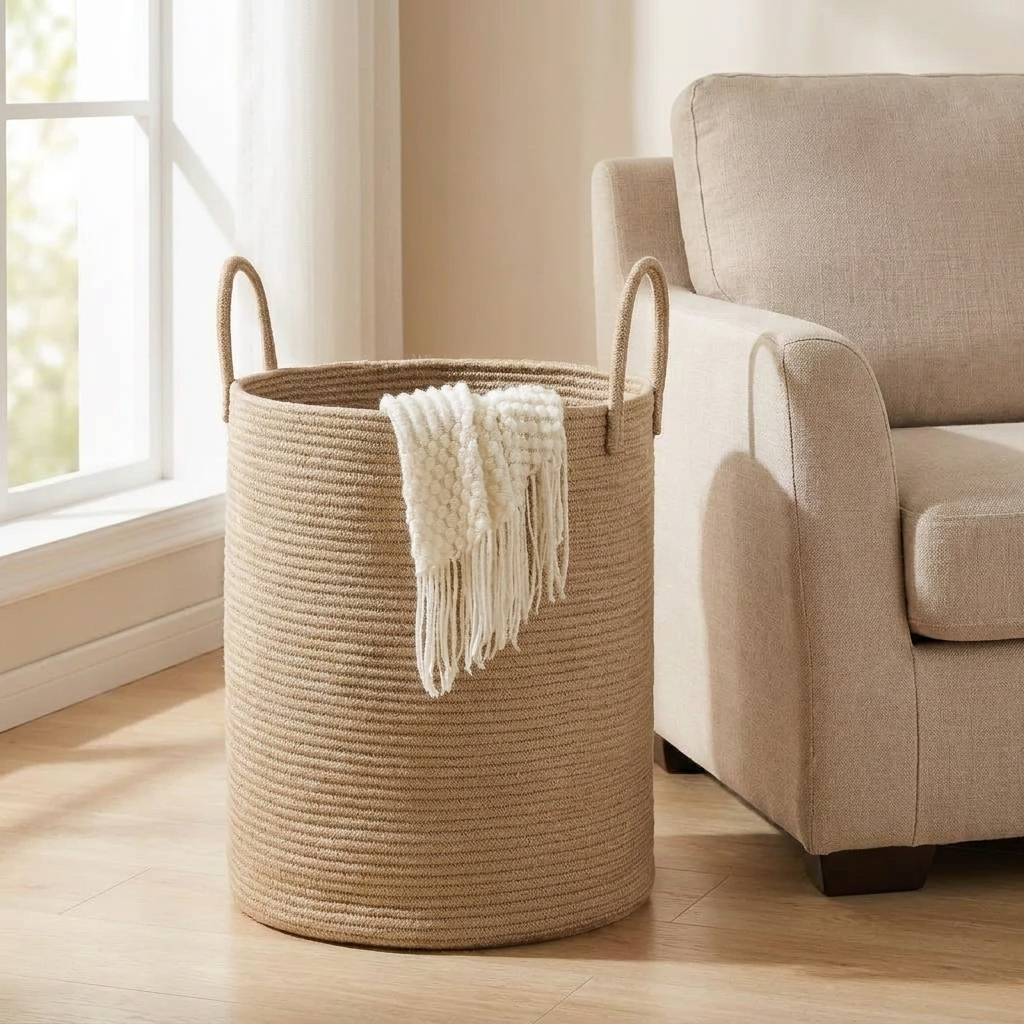 Cotton storage basket on oak flooring beside a linen armchair