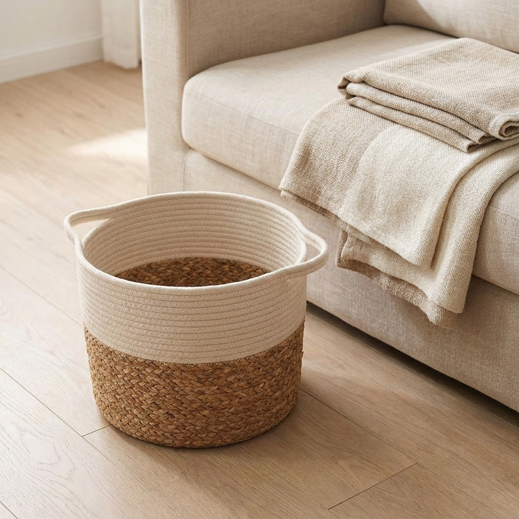 Cotton storage basket beside a linen sofa holding a folded throw