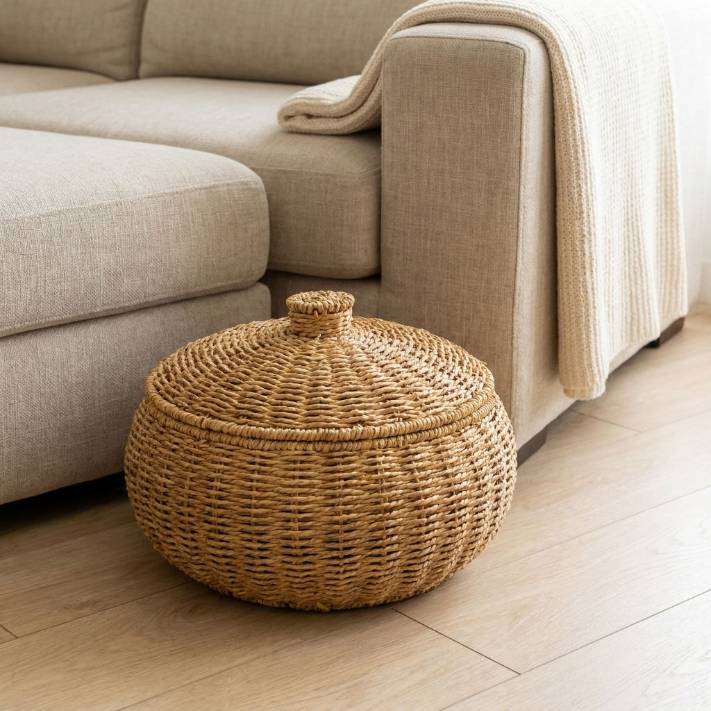 Hazel rattan storage basket beside a linen sofa holding a folded throw