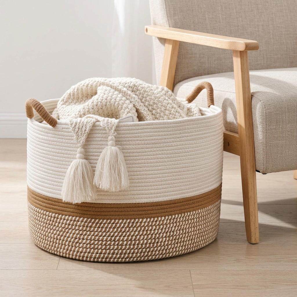 Larch cotton blanket basket beside a linen armchair holding a folded throw