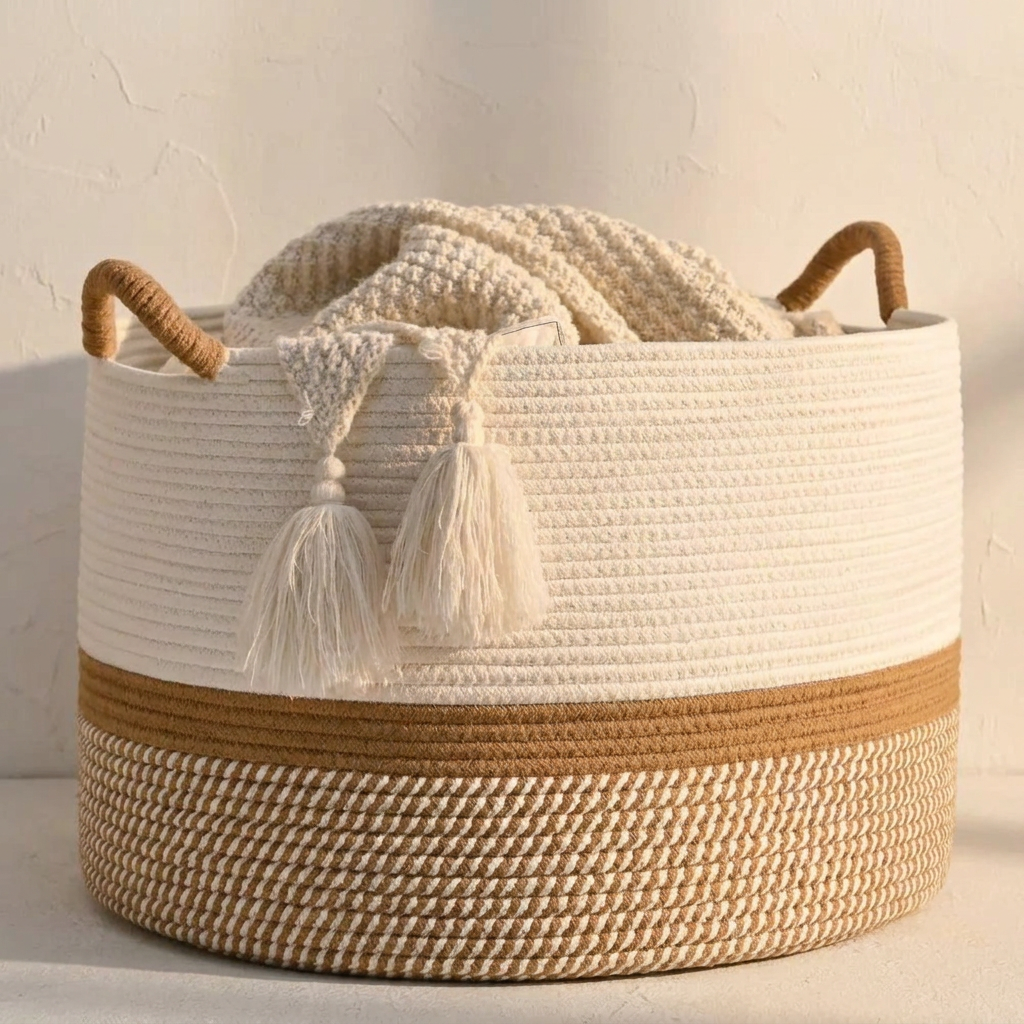 Larch blanket basket close view showing the weave and handle detail