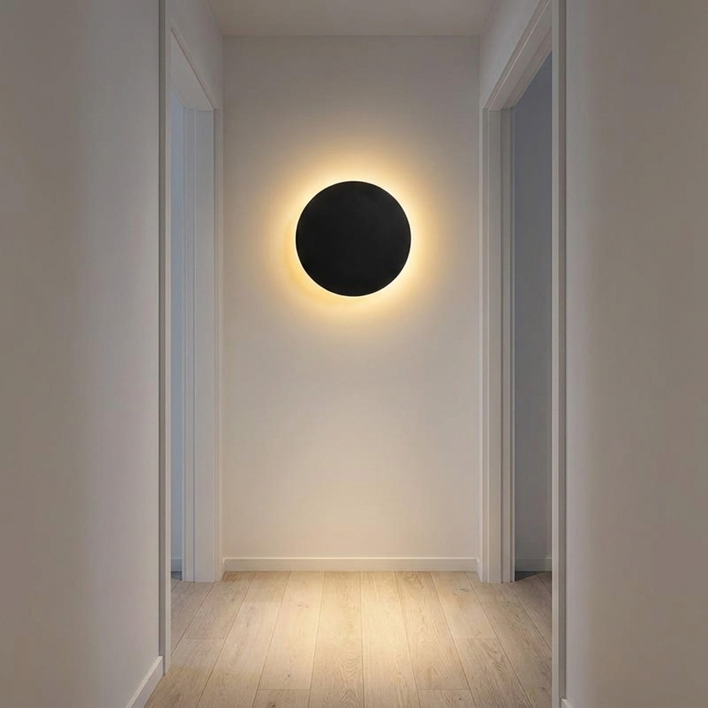 Amble wall light in a hallway at night above pale oak flooring