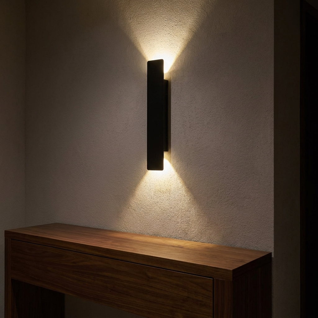 Torrin wall light above a walnut console in a hallway at night