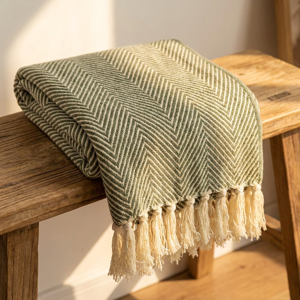Elm throw folded on a wooden bench showing the weave and hem