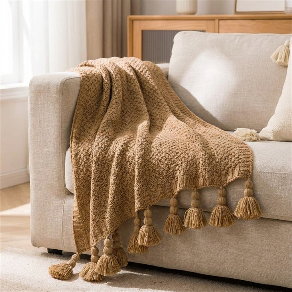 Sanday sofa throw over the corner of a linen sofa in soft daylight