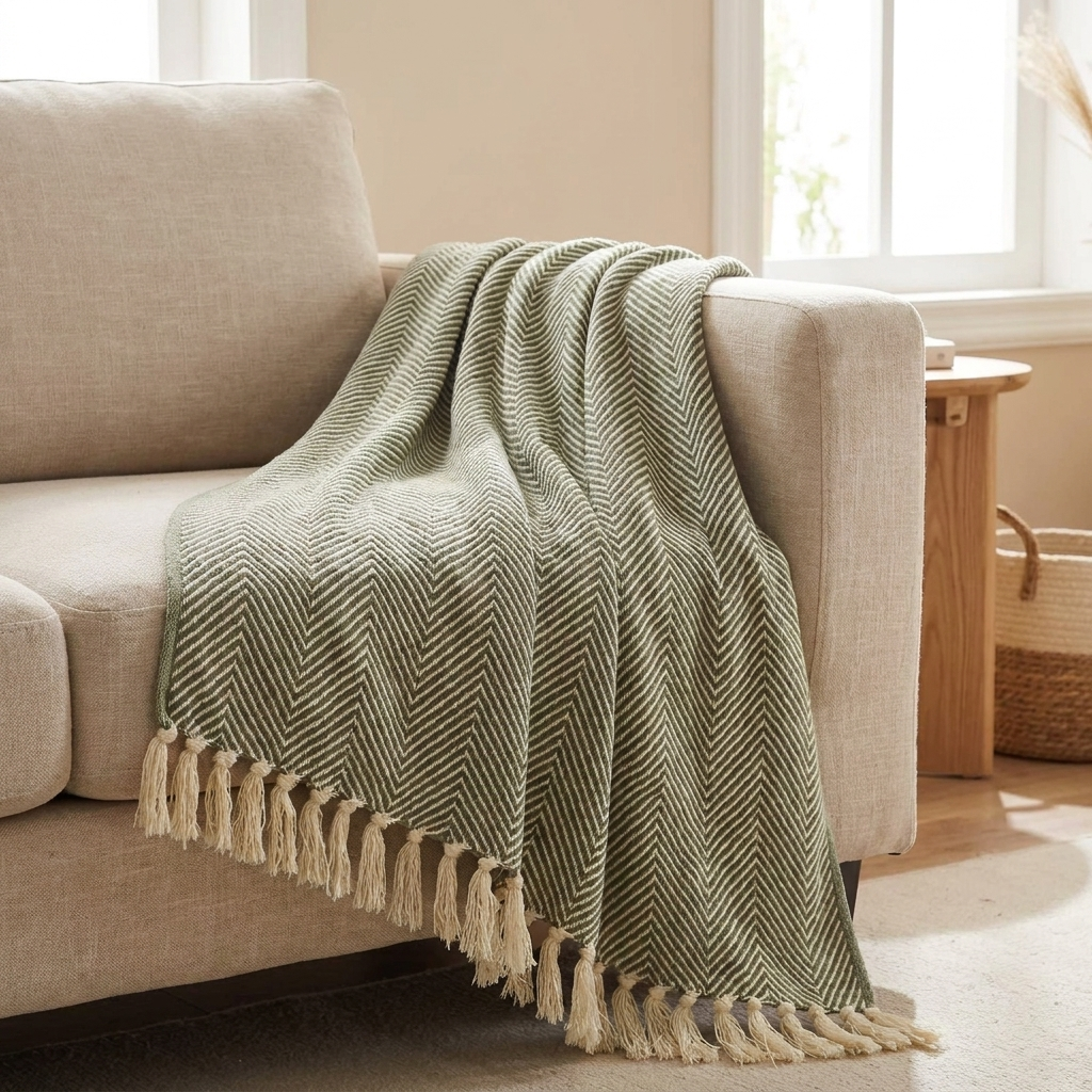 Elm cozy throw draped over the arm of a linen sofa