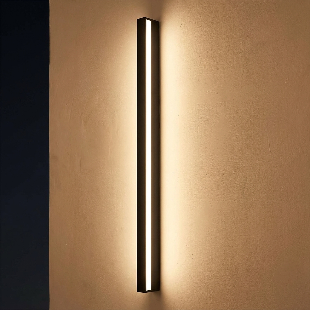 Hoy wall light close view lit at night on a plaster wall