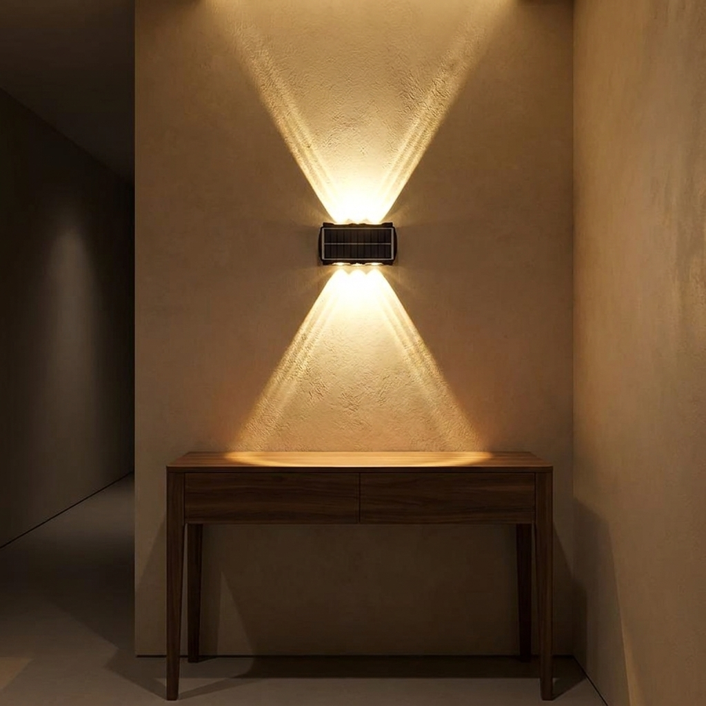 Blaeb wall light above a walnut console in a hallway at night