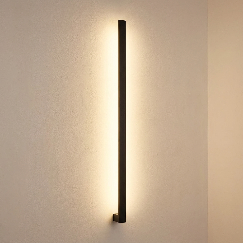 Hoy wall light lit on a warm plaster interior wall
