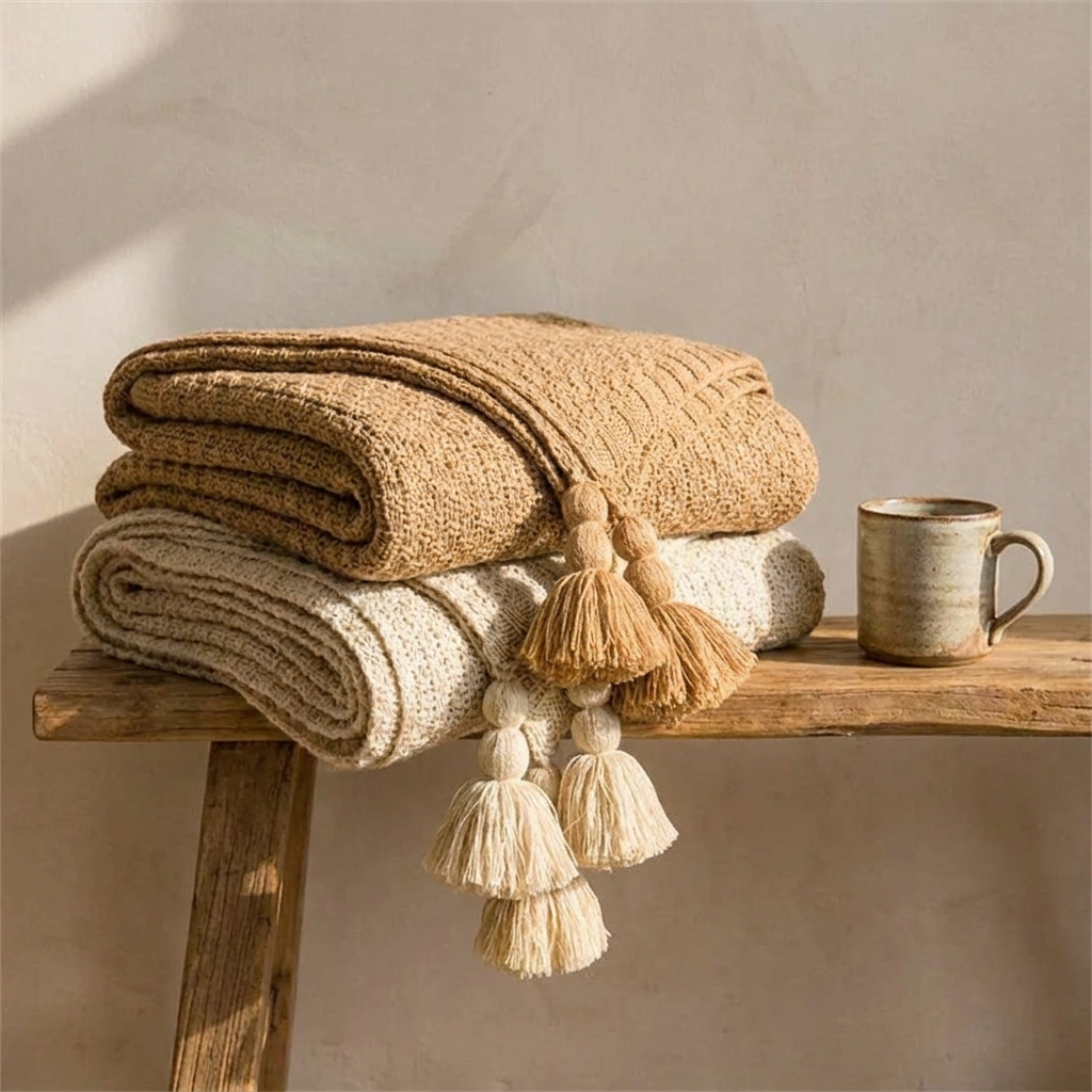 Sanday throw folded on a wooden bench in warm morning light