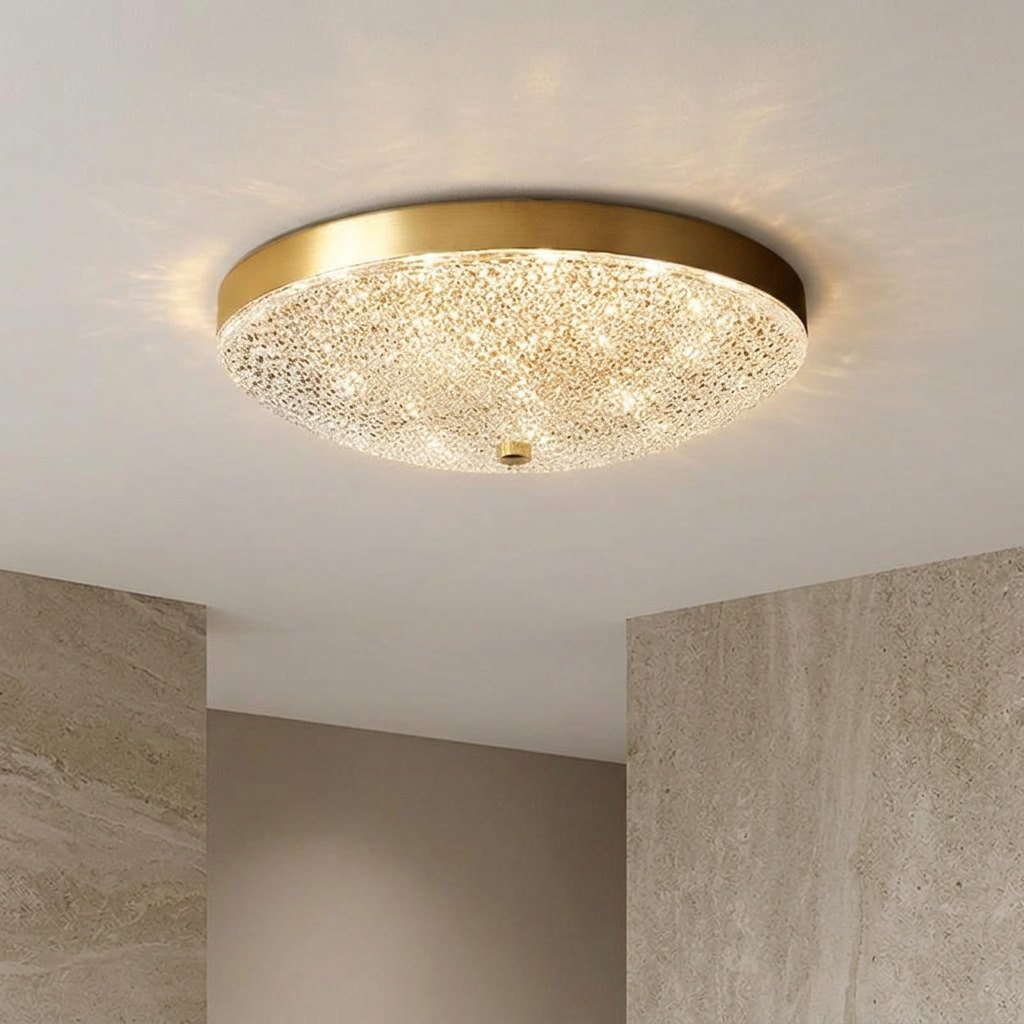 Rona flush ceiling light fitted in a calm warm neutral room