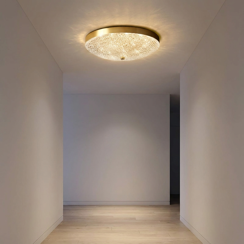 Rona ceiling light lit in a hallway above pale oak flooring