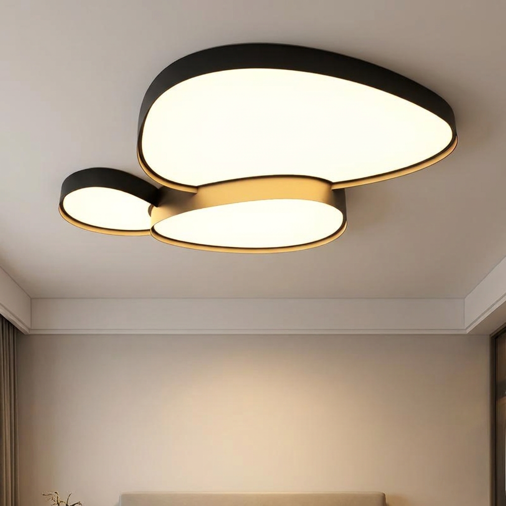 Reed ceiling light lit in a bedroom at night