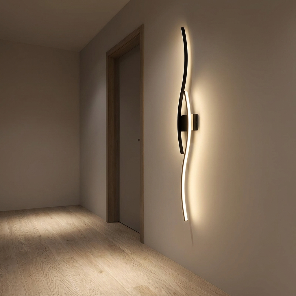 Rigg wall sconce in a hallway at night above pale oak flooring
