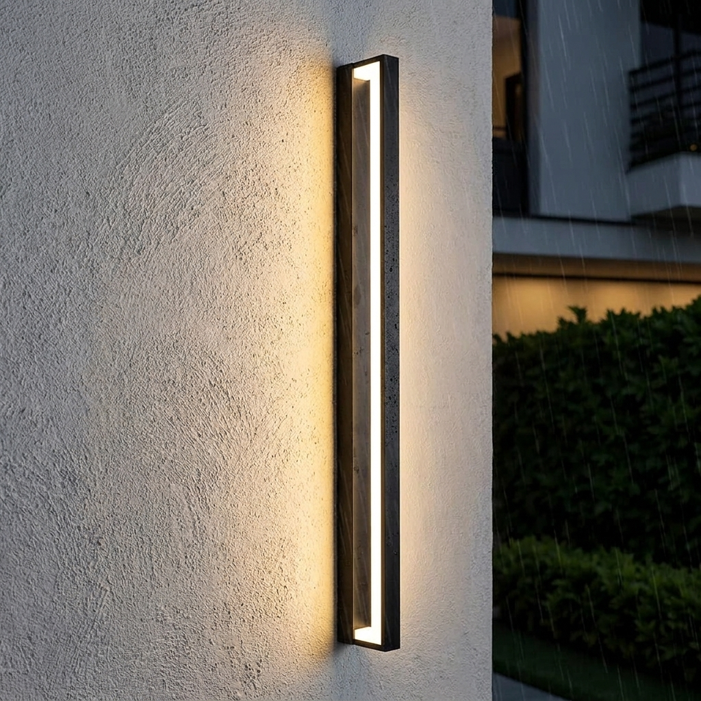 Rannoch porch light close view lit at night on a rendered wall
