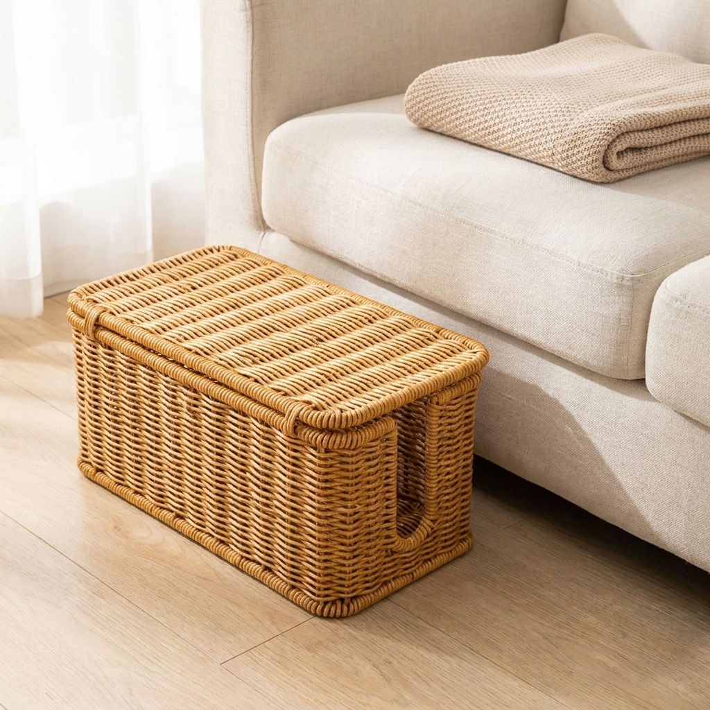 Tern storage basket beside a linen sofa holding a folded throw
