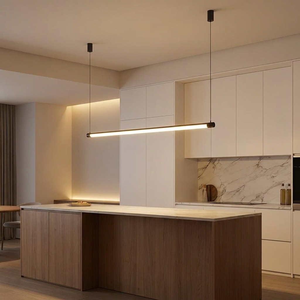 Dover pendant light lit above a kitchen island