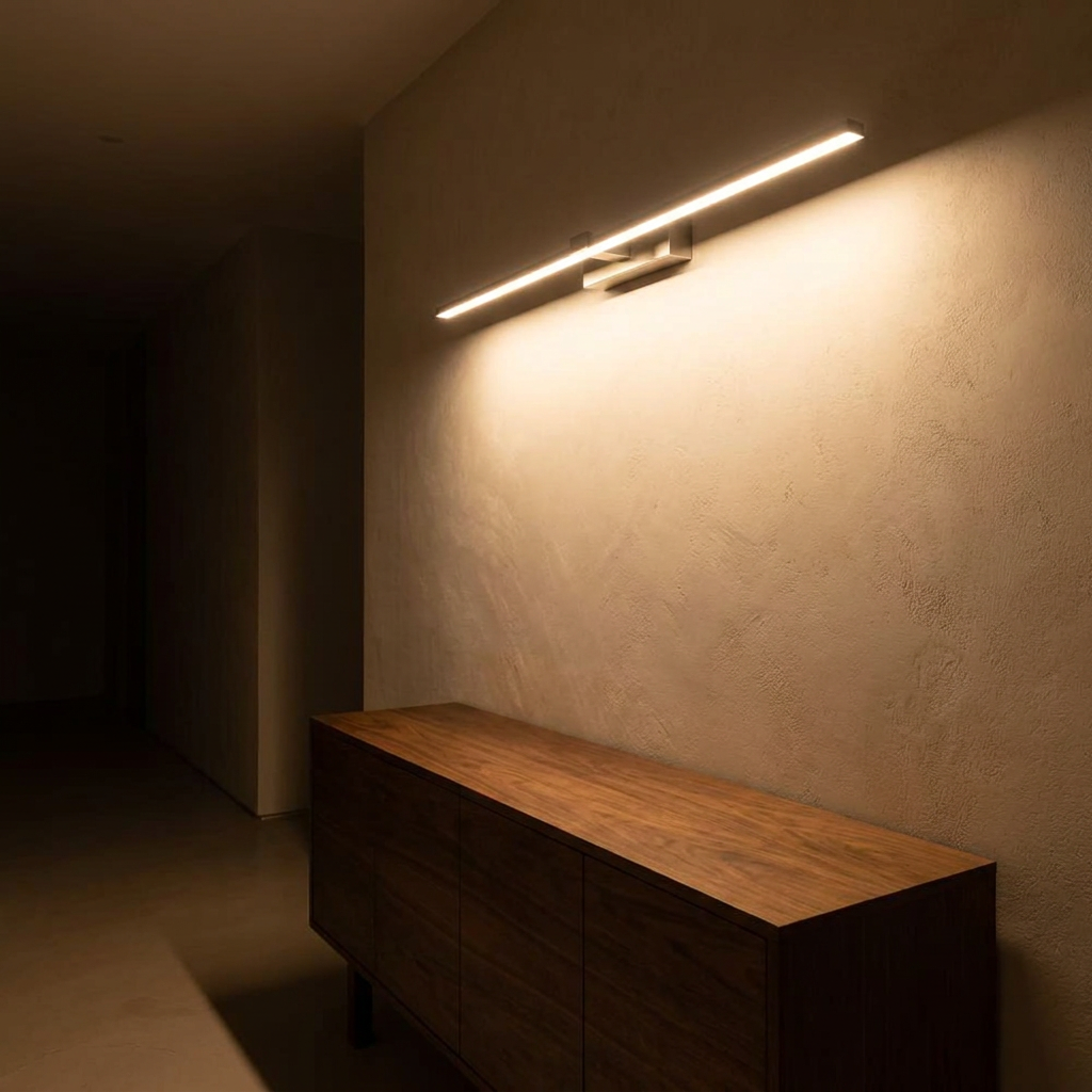 Nimbus wall sconce above a walnut console in a hallway at night
