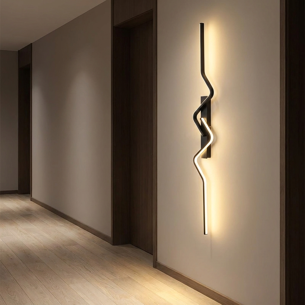 Reef wall sconce in a hallway at night above pale oak flooring