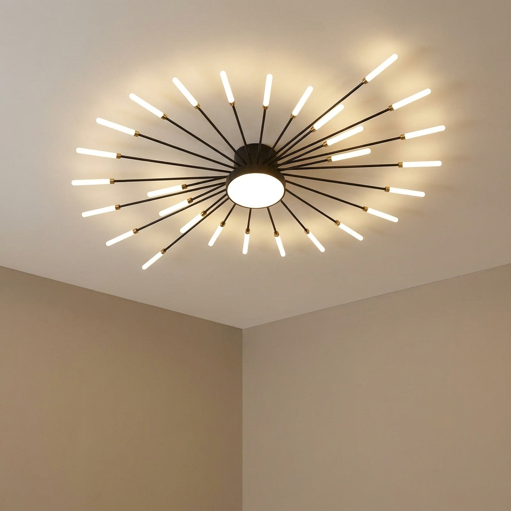 Metal ceiling light fitted in a calm warm neutral room