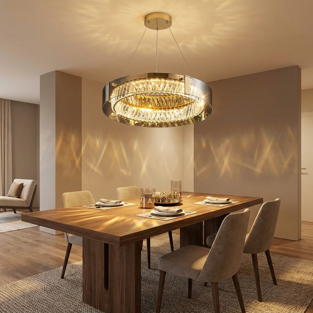 Fara chandelier lit above a walnut dining table