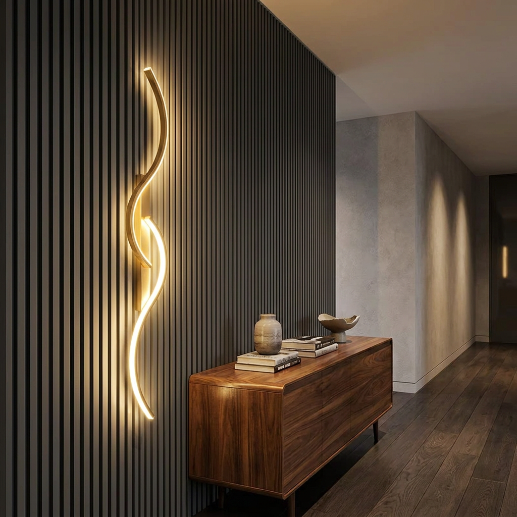 Nova wall sconce above a walnut console in a hallway at night