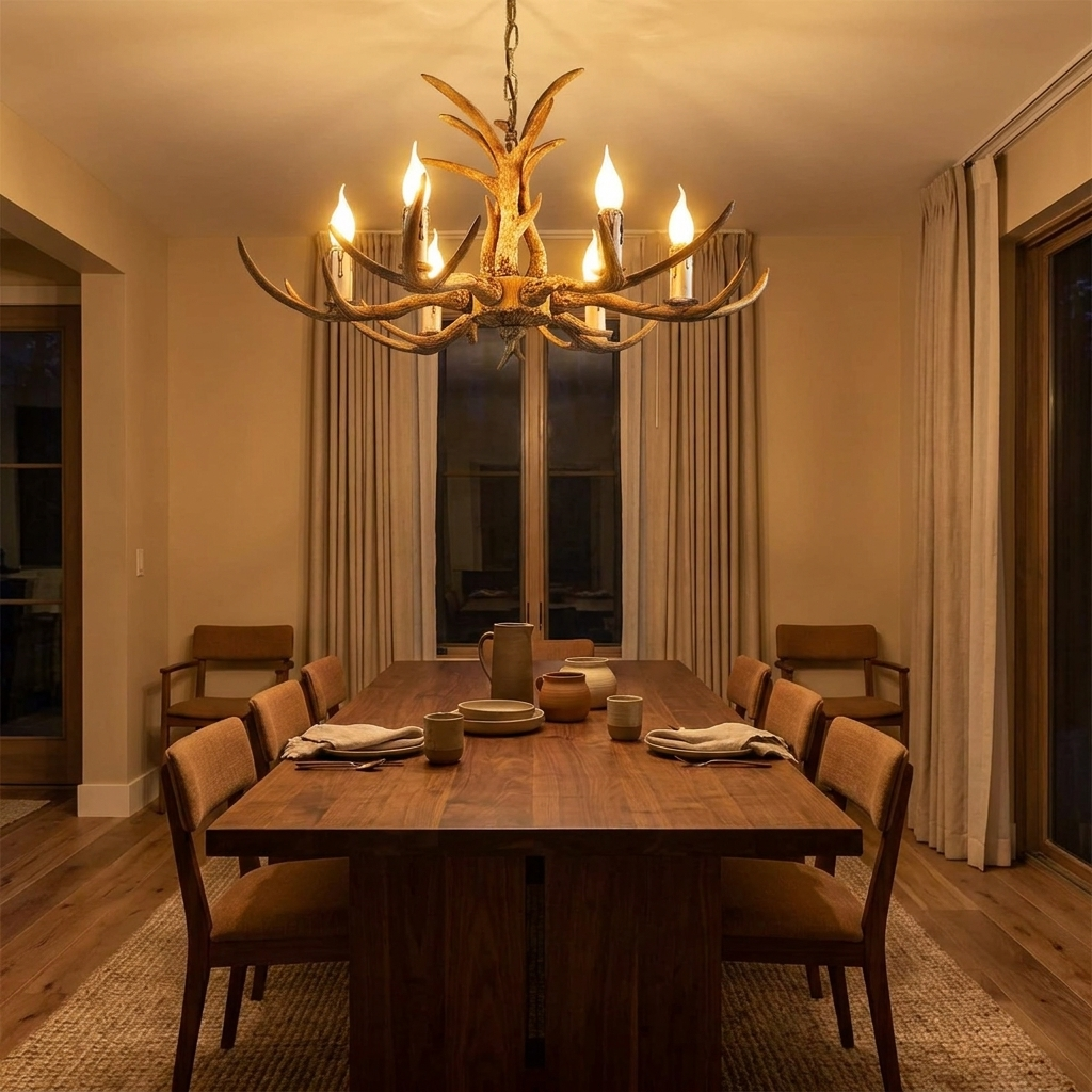Wave 6-light chandelier lit above a walnut dining table