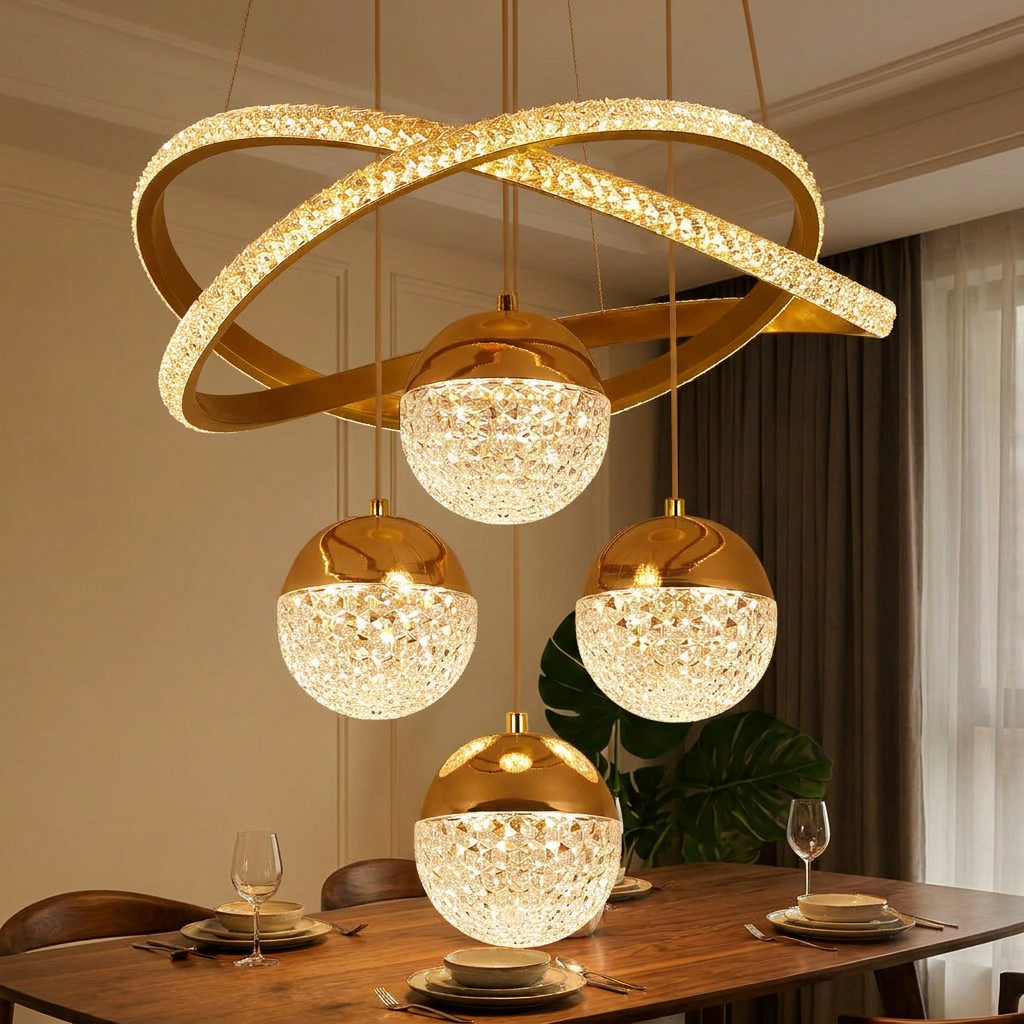 Nab chandelier lit above a walnut dining table