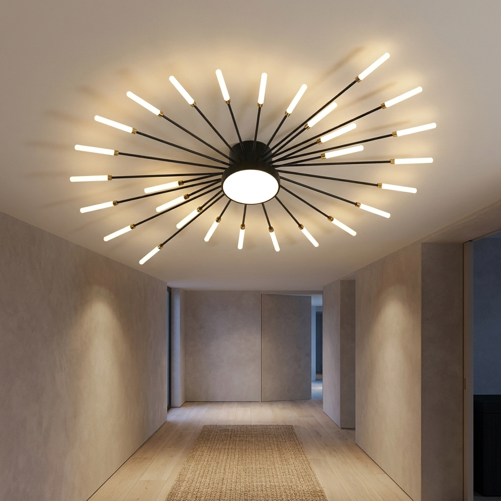 Metal ceiling light lit in a hallway above pale oak flooring
