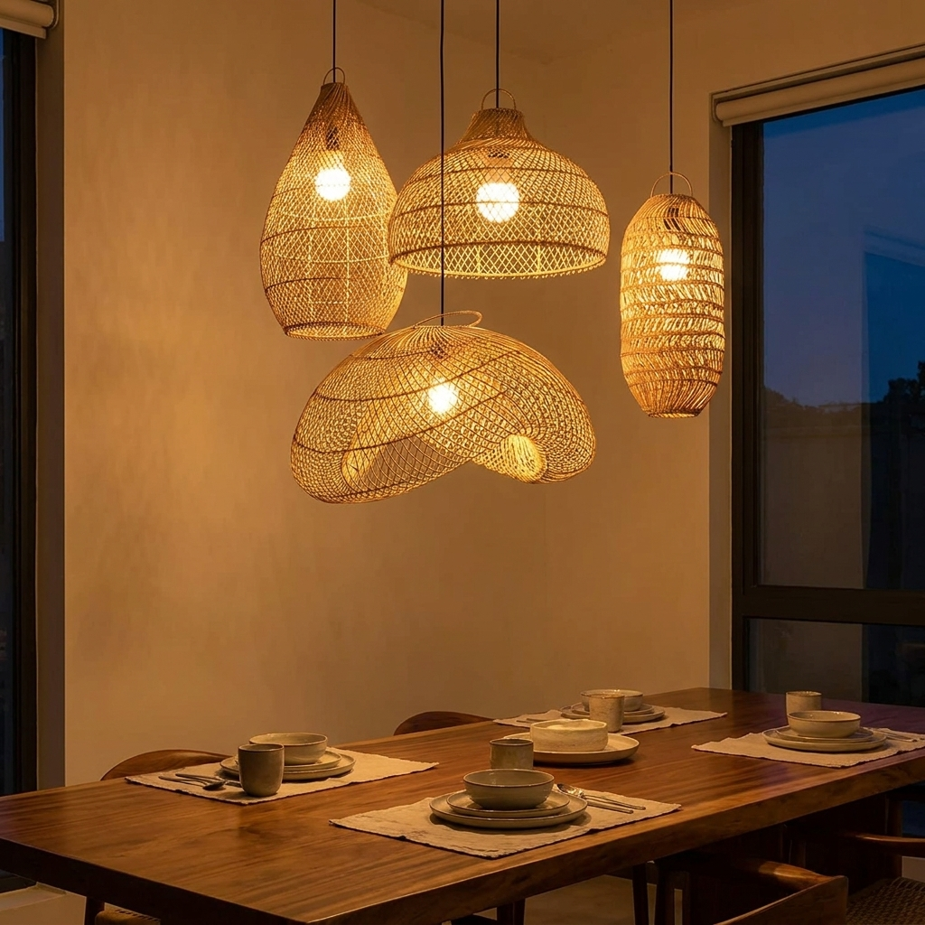 Rattan chandelier lit above a walnut dining table