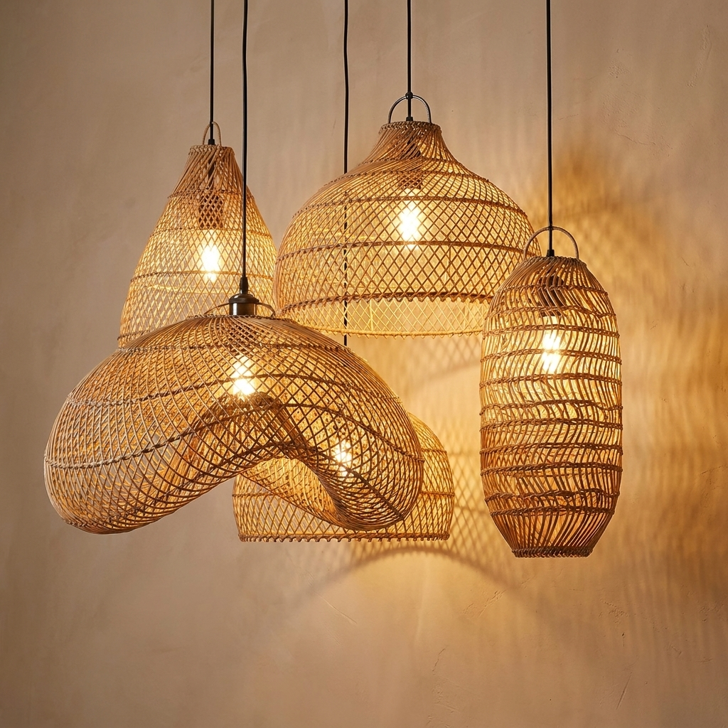 Rattan chandelier close view showing the weave and fittings