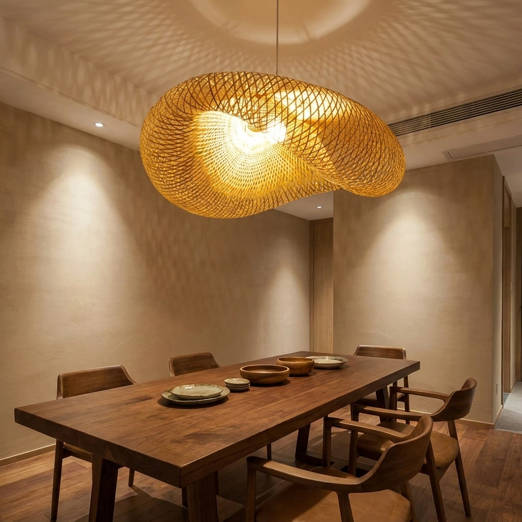Rattan chandelier lit above a walnut dining table