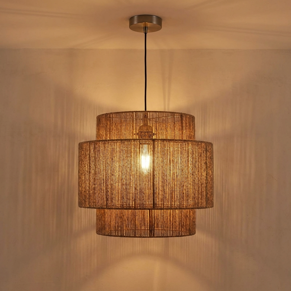 Rattan pendant light close view showing the weave and fittings