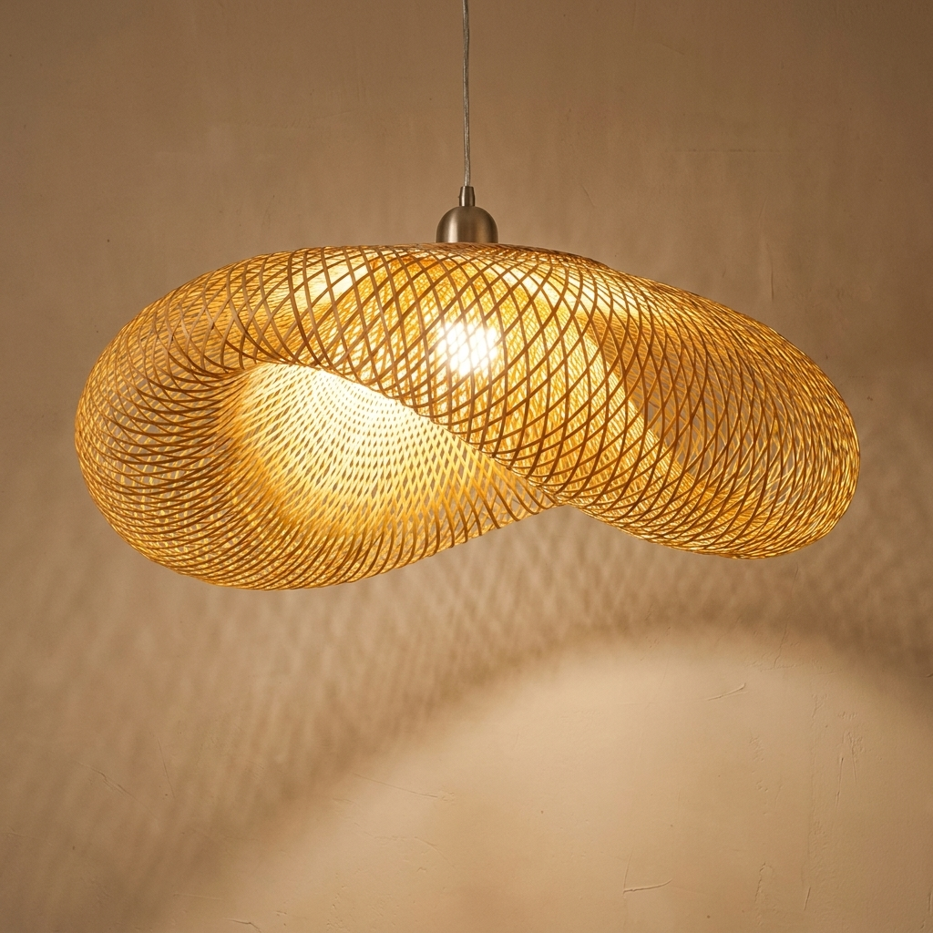 Rattan chandelier close view showing the weave and fittings