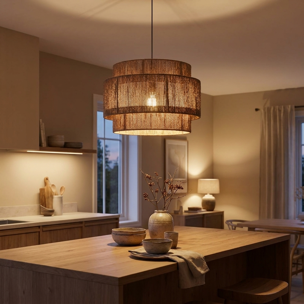 Rattan pendant light lit above a kitchen island