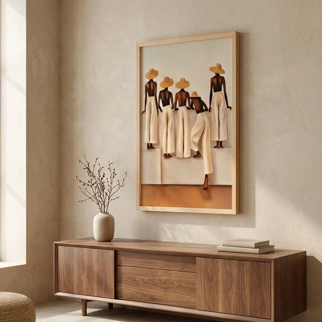 Canvas wall art hung above a walnut console in a calm neutral room