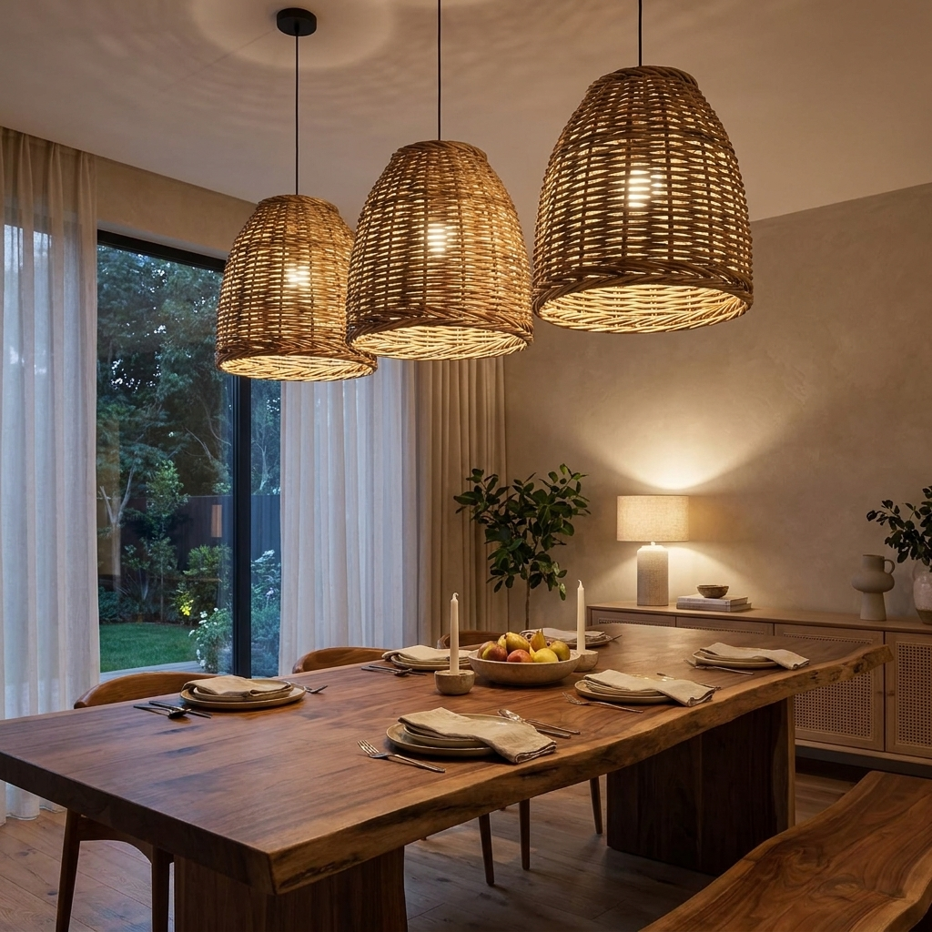 Rattan pendant light lit above a walnut dining table