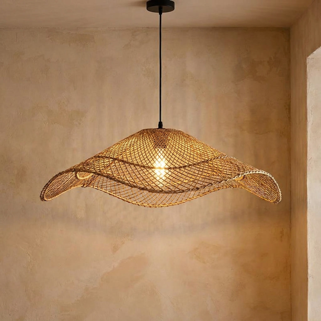 Rattan chandelier close view showing the weave and fittings