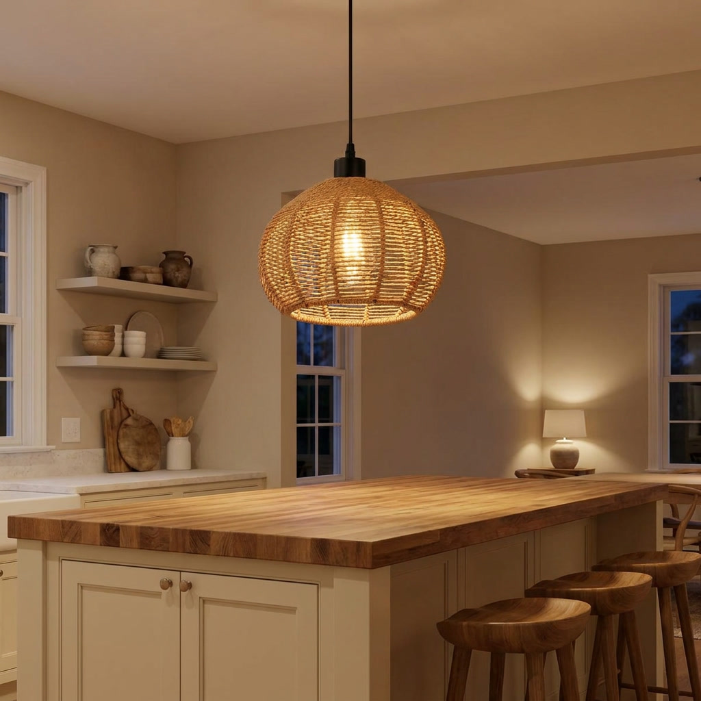 Rattan pendant light lit above a kitchen island