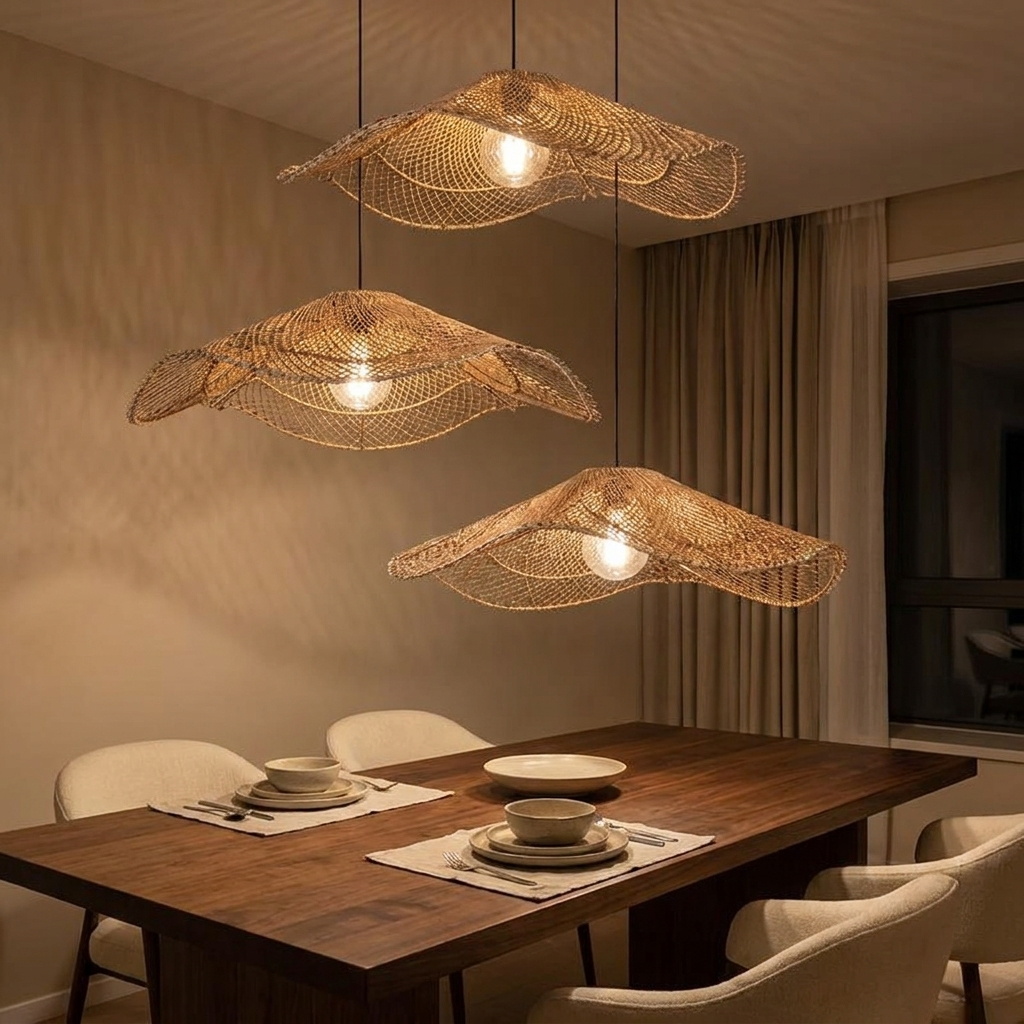 Rattan chandelier lit above a walnut dining table