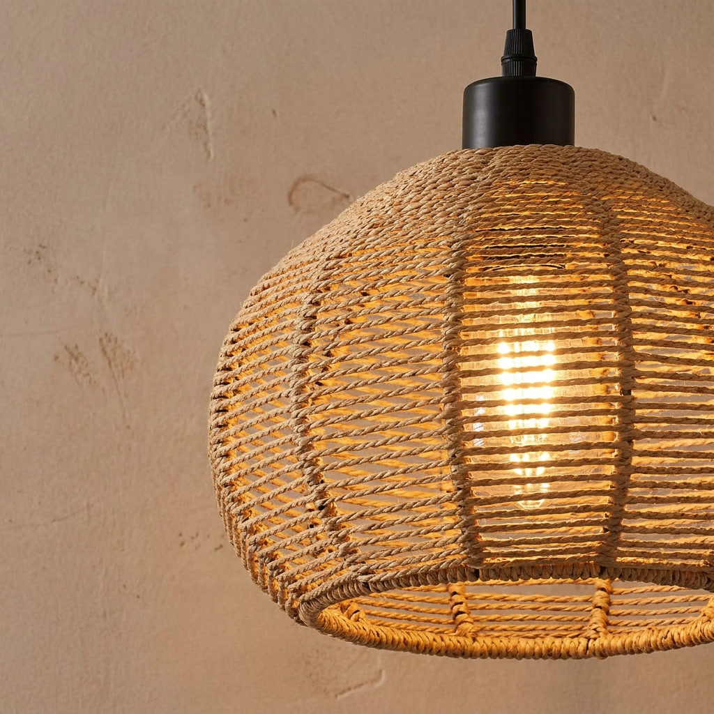 Rattan pendant light close view showing the weave and fittings