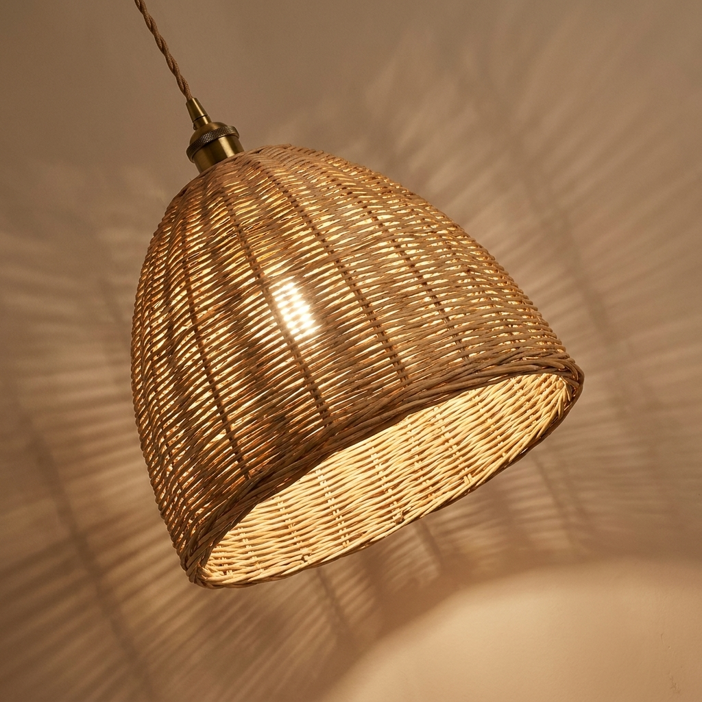 Rattan pendant light close view showing the weave and fittings