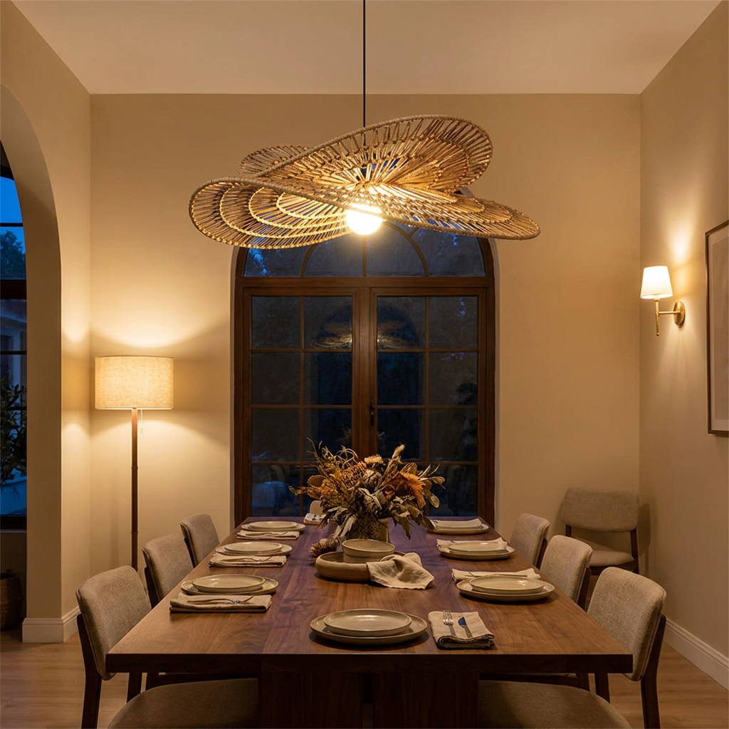 Rattan chandelier lit above a walnut dining table