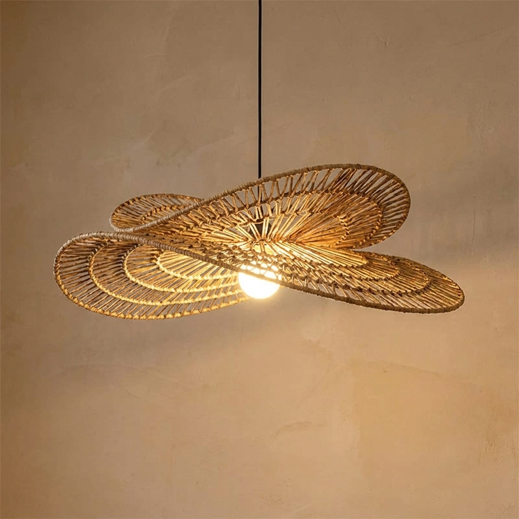 Rattan chandelier close view showing the weave against a plaster wall