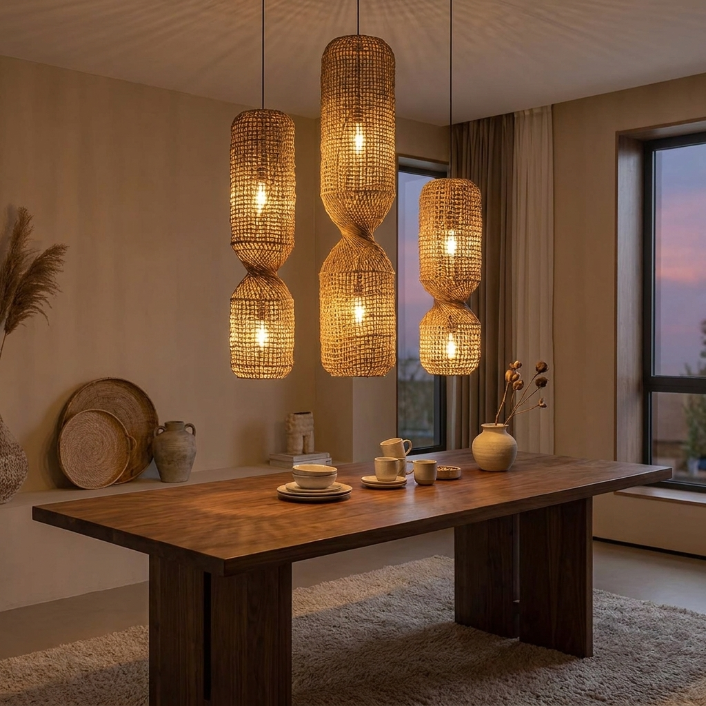 Rattan chandelier lit above a walnut dining table
