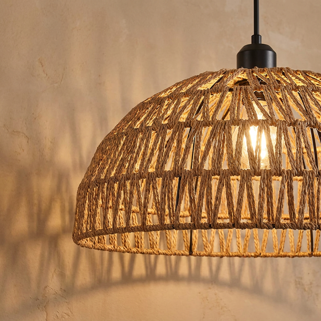 Rattan pendant light close view showing the weave against a plaster wall