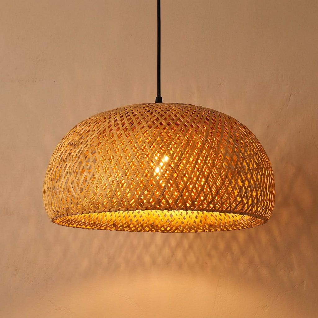 Rattan chandelier close view showing the weave against a plaster wall