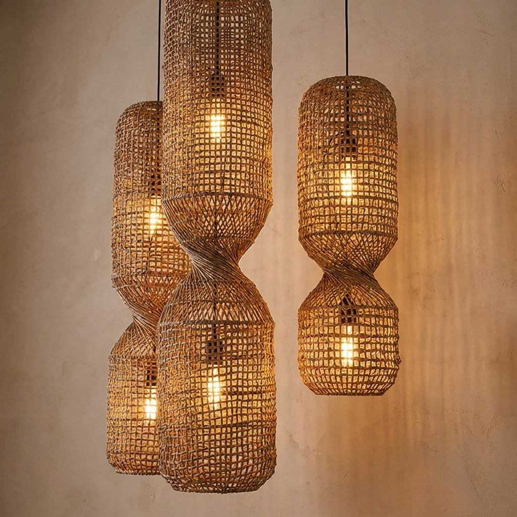 Rattan chandelier close view showing the weave against a plaster wall