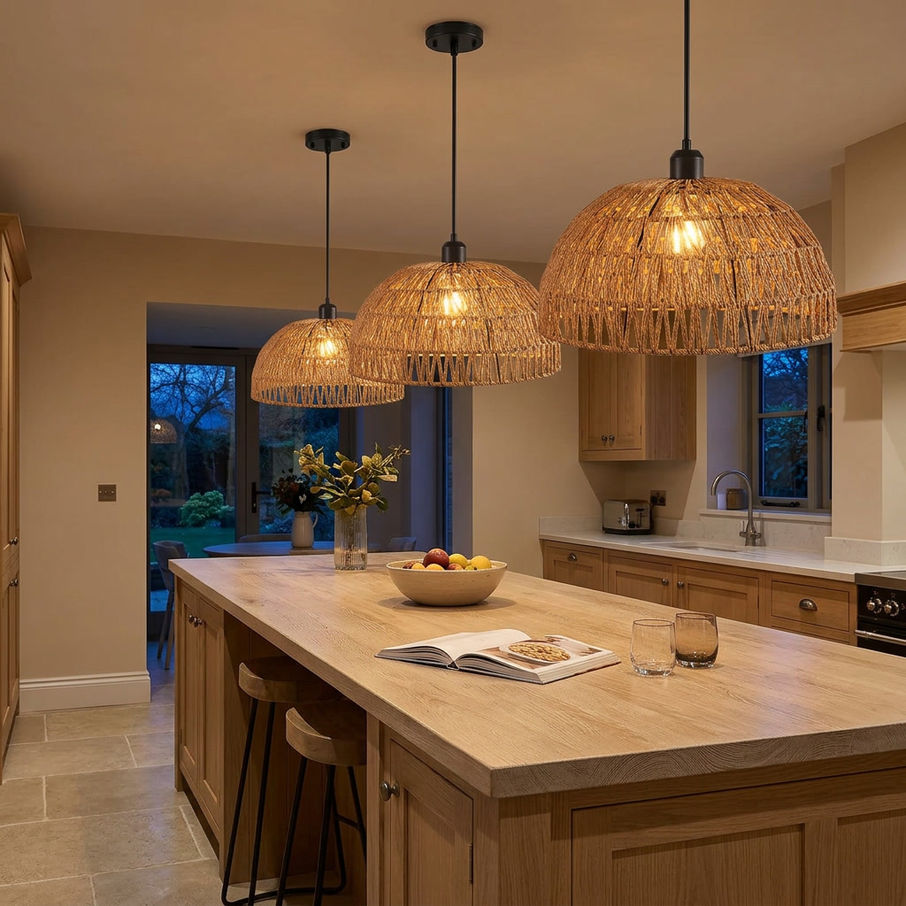 Rattan pendant light lit above a kitchen island